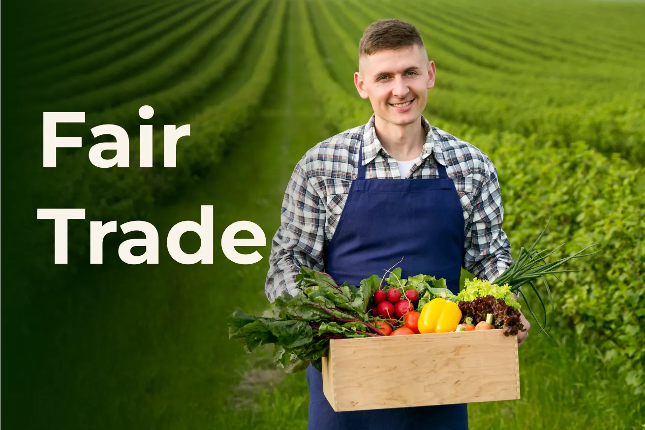 smiling worker with text 'Fair Trade' overlayed