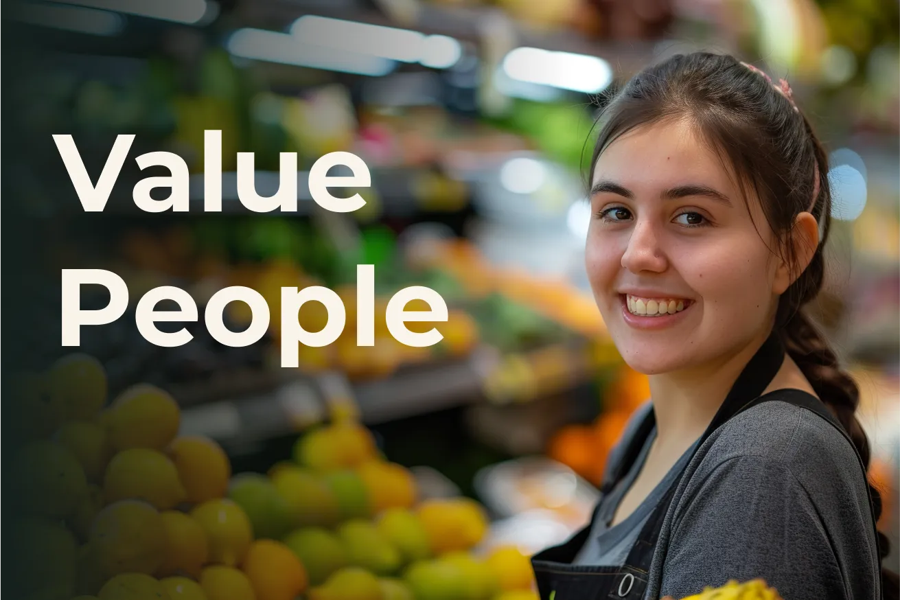 smiling worker with text 'Value people' overlayed